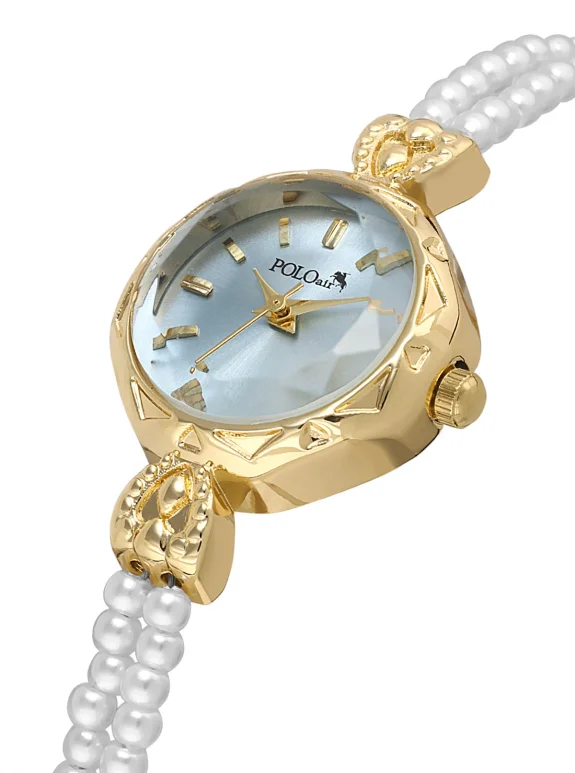 İnci Taşlı Görünümlü Kordon Kadın Kol Saati Parfüm Bordo Kutsunda Set Gold Mavi Renk St-2174S8 Mavi St-2174S8