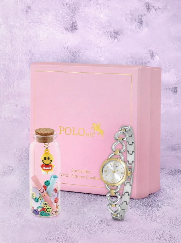 Kalp Detaylı Kadın Kol Saati Smile Figürlü Özel Notlu Cam Dilek Şişe Seti Gold Gümüş Renk St-2185S3 Çok Renkli St-2185S3
