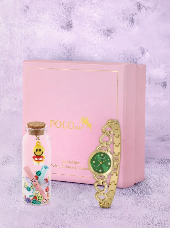 Kalp Detaylı Kadın Kol Saati Smile Figürlü Özel Notlu Cam Dilek Şişe Seti Gold Yeşil Renk St-2185S1 Altın St-2185S1