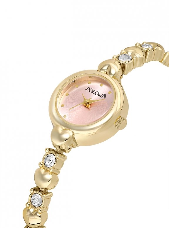 Kalp Detaylı Kordon Lüx Taşlı Kadın Kol Saati Gold Pembe Renk Pl-1618B4X