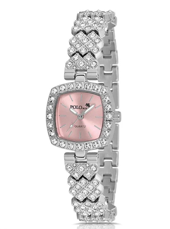 Kare Kasa Lüx Taşlı Kadın Kol Saati Zirkon Taşlı Baget Bileklik Kombin Gümüş Pembe Renk Pl-1585B3 Pembe Pl-1585B3