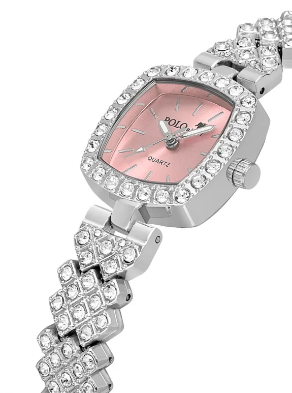 Kare Kasa Lüx Taşlı Kadın Kol Saati Zirkon Taşlı Baget Bileklik Kombin Gümüş Pembe Renk Pl-1585B3 Pembe Pl-1585B3
