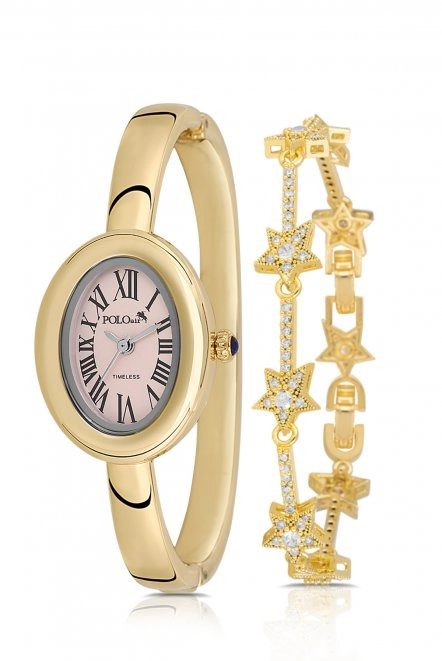 Kelepçeli Oval Kasa Kadın Kol Saati Yıldız Bileklik Kombin Gold Pembe Renk Pl-1589B5 Pembe Pl-1589B5