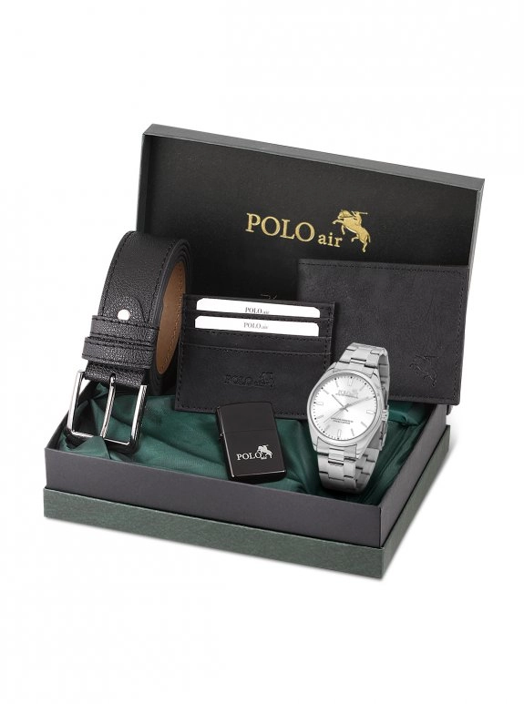Klasik Metal Kordon Erkek Kol Saati Cüzdan Kemer Kartlık Çakmaklı Set Kombini Siyah Gümüş Renk Pl-7087E4