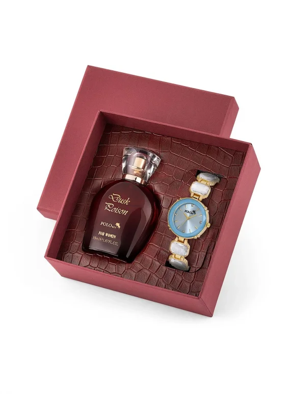 Lüx Taşlı Kadın Kol Saati Parfüm Bordo Hediyelik Kutsunda Set Mavi Gold Renk St-2173S4 Mavi-Gold St-2173S4