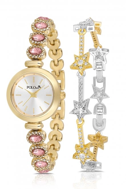 Lüx Taşlı Kordon Kadın Kol Saati Yıldız Bileklik Kombin Gold Pembe Renk Pl-1574B4 Pembe - Altın Pl-1574B4