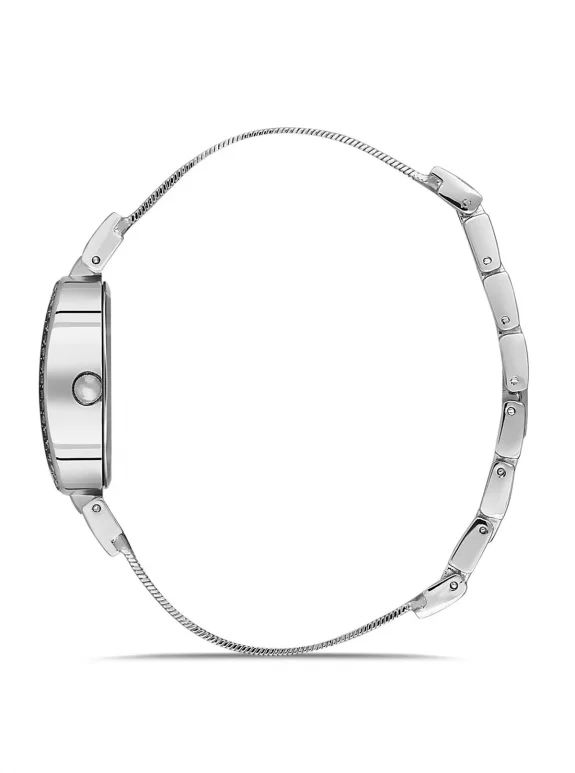 Lüx Taşlı Oval Kasa Hasır Metal Kordon Kadın Kol Saati Gümüş Renk Pl-1546B2X Gümüş Pl-1546B2X