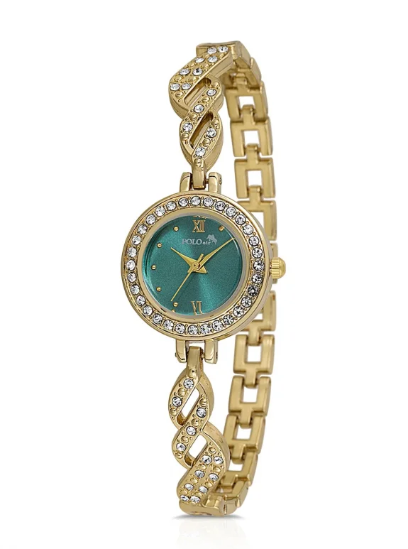 Lüx Taşlı Zarif Vintage Kadın Kol Saati Gold Yeşil Renk Pl-1538B3X Gold-Yeşil Pl-1538B3X