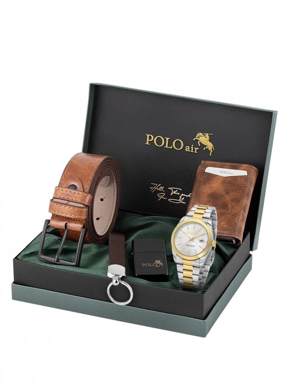 Mercek Takvimli Erkek Kol Saati, Mıknatıslı Otomatik Mekanizmalı Cüzdan, Kemer, Kartlık, Anahtarlık Ve Çakmak Taba Set Gümüş Gold Renk Pl-7098E6