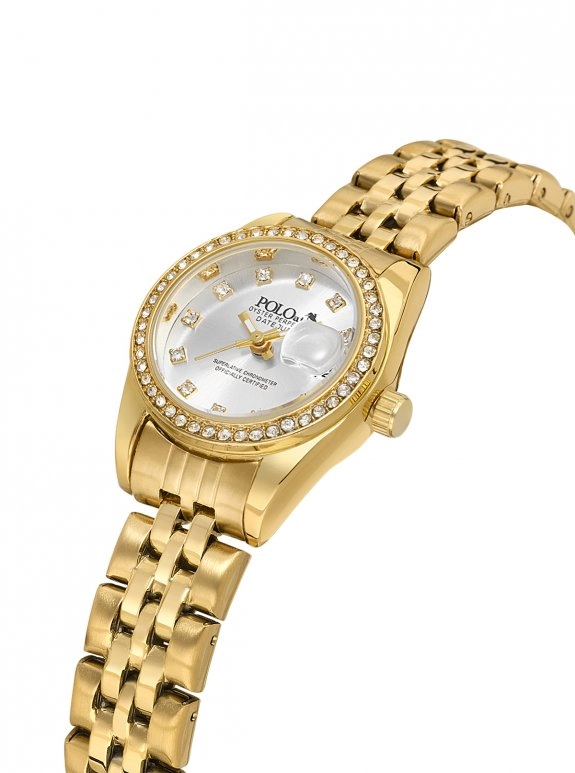 Mercek Takvimli Lüx Taşlı Kadın Kol Saati Gold Renk Pl-1613B1X
