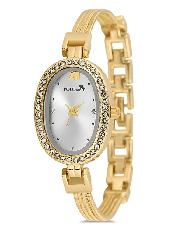 Oval Kasa Hasır Metal Kordon Kadın Kol Saati Zirkon Taşlı Yuvarlak Bileklik Gold Renk Pl-1546B1 Gold Pl-1546B1