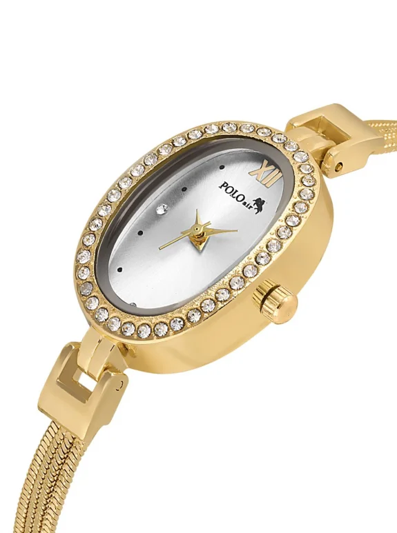 Oval Kasa Hasır Metal Kordon Kadın Kol Saati Zirkon Taşlı Yuvarlak Bileklik Gold Renk Pl-1546B1 Gold Pl-1546B1