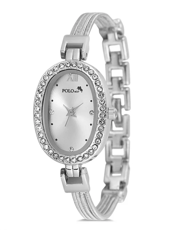 Oval Kasa Hasır Metal Kordon Kadın Kol Saati Zirkon Taşlı Yuvarlak Bileklik Gümüş Renk Pl-1546B2 Gümüş Pl-1546B2