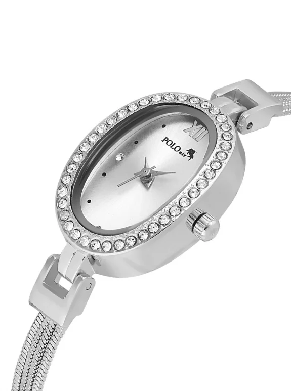 Oval Kasa Hasır Metal Kordon Kadın Kol Saati Zirkon Taşlı Yuvarlak Bileklik Gümüş Renk Pl-1546B2 Gümüş Pl-1546B2