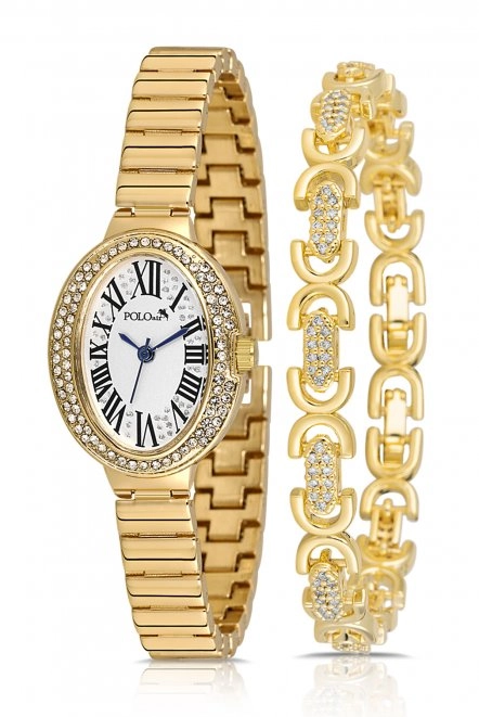 Oval Kasa Kadın Kol Saati Oval Bileklik Kombin Gold Renk Pl-1568B1 Altın Pl-1568B1