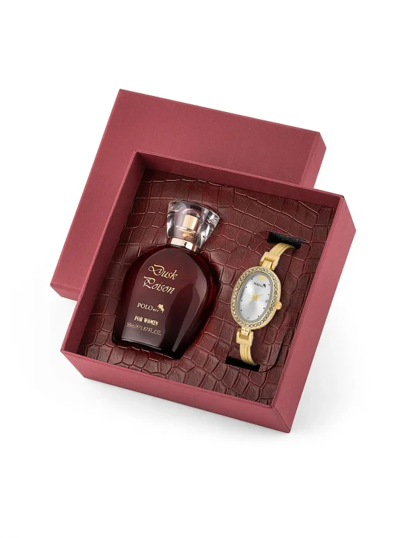 Oval Kasa Kadın Kol Saati Parfüm Bordo Hediyelik Kutsunda Set Gold Renk St-2170S1 Gold St-2170S1