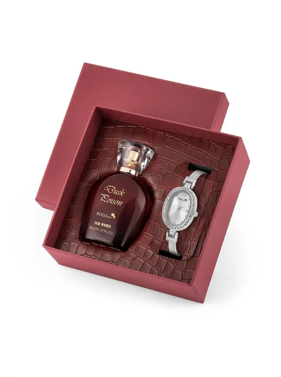 Oval Kasa Kadın Kol Saati Parfüm Bordo Hediyelik Kutsunda Set Gümüş Renk St-2170S2 Gümüş St-2170S2