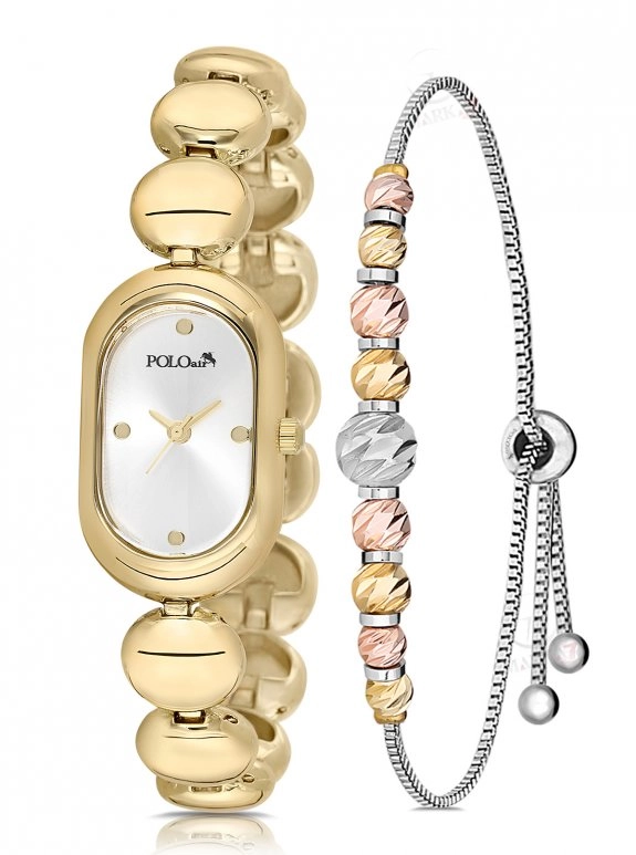 Oval Kasa Kadın Kol Saati Ve Dorika Bileklik Kombin Gold Renk Pl-1596B1