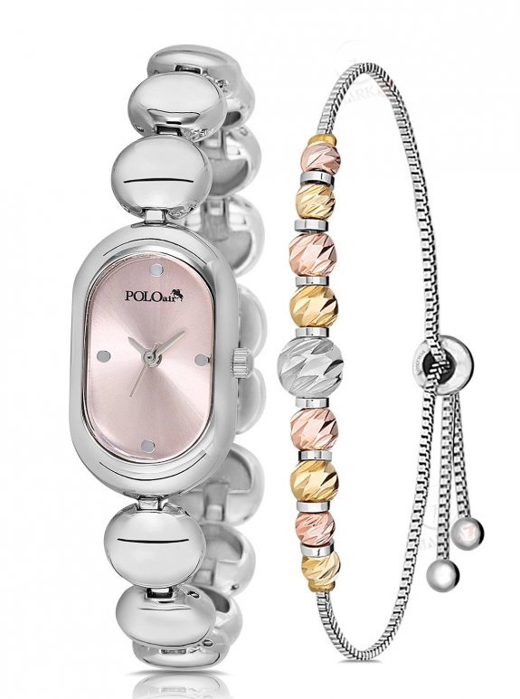 Oval Kasa Kadın Kol Saati Ve Dorika Bileklik Kombin Gümüş Pembe Renk Pl-1596B4