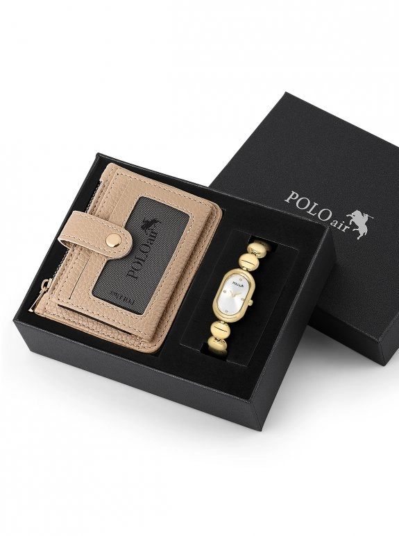 Oval Kasa Kadın Kol Saati Ve Fermuarlı Akordiyon Model Kartlık Kombin Seti Gold Renk St-2233S1