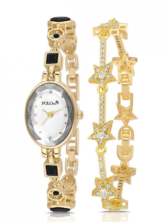 Oval Kasa Siyah Taş Detaylı Kadın Kol Saati Ve Yıldız Bileklik Kombin Gold Renk Pl-1607B1
