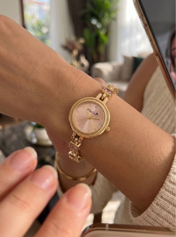 Pembe Renkli Taş Detaylı Kadın Kol Saati Ve Zirkon Taşlı Yuvarlak Kolye Bileklik Seti Gold Renk St-2227S1