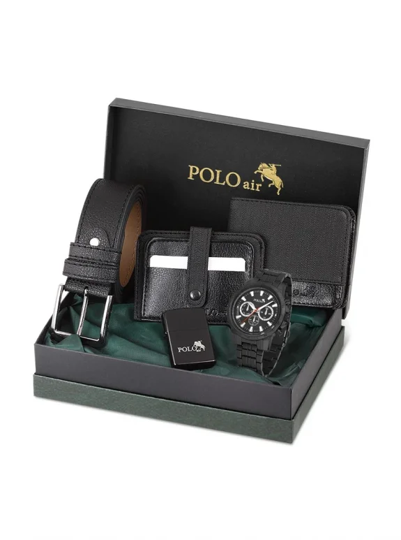 Polo Air Erkek Kol Saati Kemer Cüzdan Kartlık Çakmak Hediyelik Kutusunda Siyah Set PL-0702E1