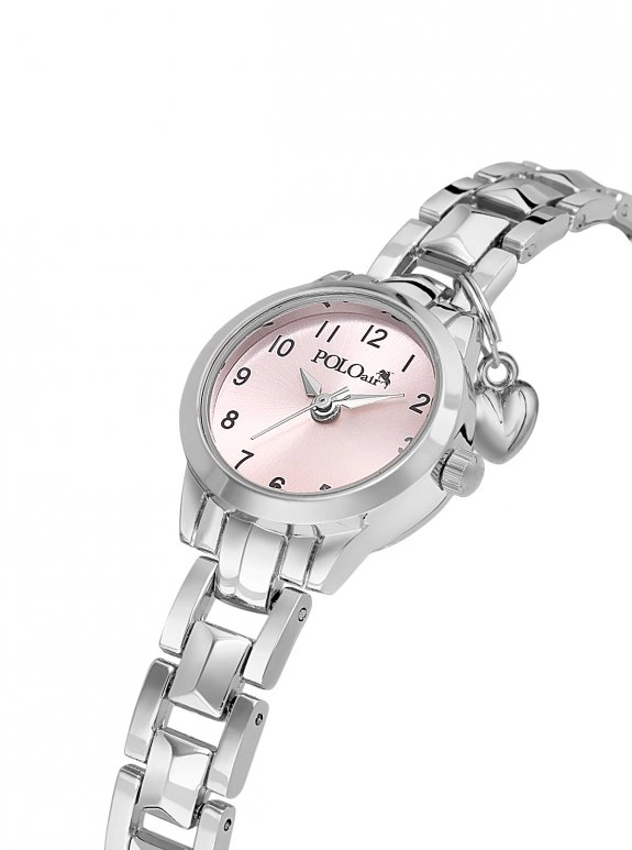 Rakamlı Klasik Kalp Charmlı Kadın Kol Saati Gümüş Pembe Renk Pl-1603B4X