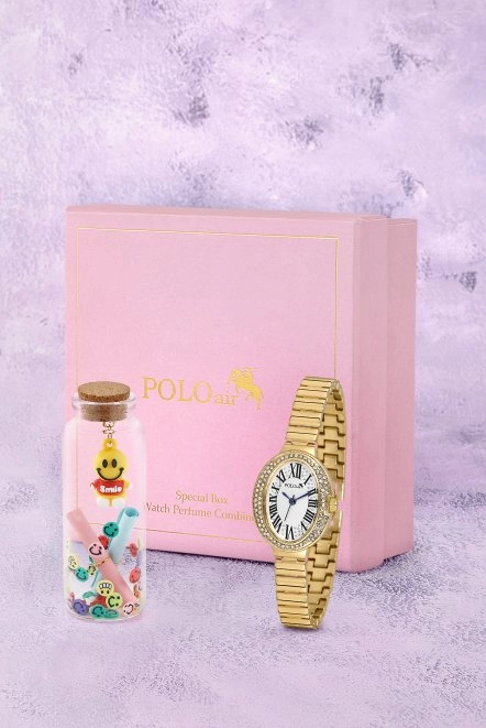 Romen Rakamlı Kadın Kol Saati Ve Smile Figürlü Özel Notlu Cam Dilek Şişe Gold Renk St-2186S1 Altın St-2186S1