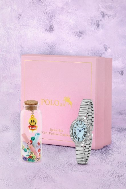 Romen Rakamlı Kadın Kol Saati Ve Smile Figürlü Özel Notlu Cam Dilek Şişe Gümüş Mavi Renk St-2186S5 Mavi St-2186S5