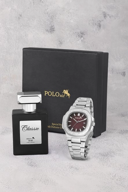 Takvimli Erkek Kol Saati Ve 55Ml Parfüm Hediyelik Kutusunda Siyah Set Gümüş Bordo Renk St-5009E8 Bordo St-5009E8