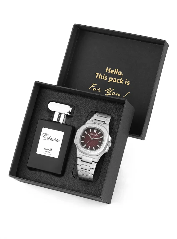 Takvimli Erkek Kol Saati Ve 55Ml Parfüm Hediyelik Kutusunda Siyah Set Gümüş Bordo Renk St-5009E8 Bordo St-5009E8