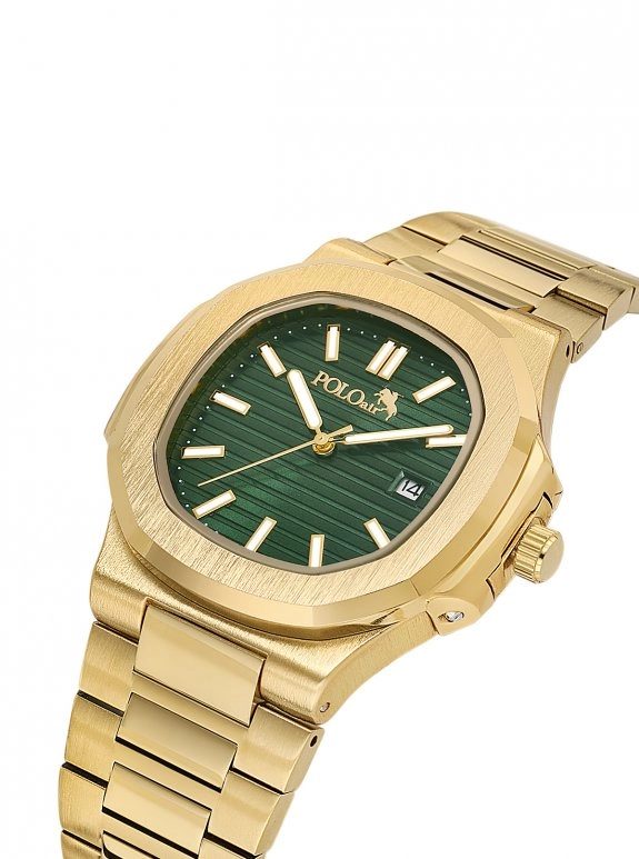 Takvimli Premium Çift Klipsli Erkek Kol Saati Gold Yeşil Renk Pl-7089E6X