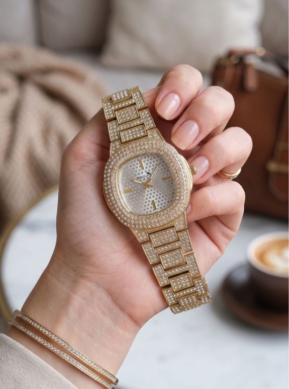 Tek Sıra Lüx Taşlı Kadın Kol Saati 55 Ml Parfüm Uv400 Korumalı Güneş Gözlüğü Zirkon Taşlı Kolye Bileklik Özel Çiçekli Hediye Seti Gold Renk St-2259S1