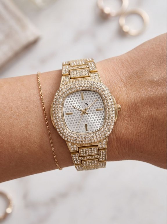 Tek Sıra Lüx Taşlı Kadın Kol Saati 55 Ml Parfüm Uv400 Korumalı Güneş Gözlüğü Zirkon Taşlı Kolye Bileklik Özel Çiçekli Hediye Seti Gold Renk St-2259S1