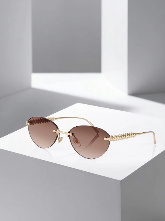 Uv400 Korumalı Çerçevesiz Cat Eye Kadın Güneş Gözlüğü Kahverengi Gold Renk Plg-2122C2