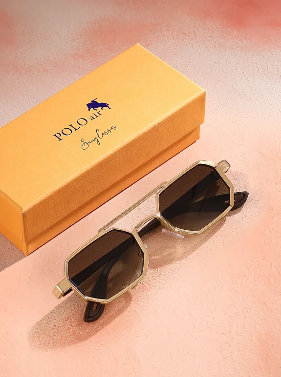 Uv400 Korumalı Metal Çerçeve Plastik Sap Unisex Güneş Gözlük Gold Kahverengi Renk Plg-2102C5 Kahverengi-Gold Plg-2102C5