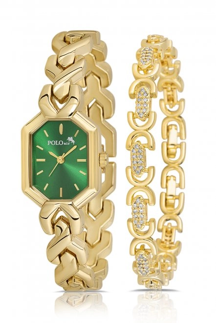 Vintage Kadın Kol Saati Oval Model Bileklik Kombin Gold Yeşil Renk Pl-1564B4 Yeşil - Altın Pl-1564B4