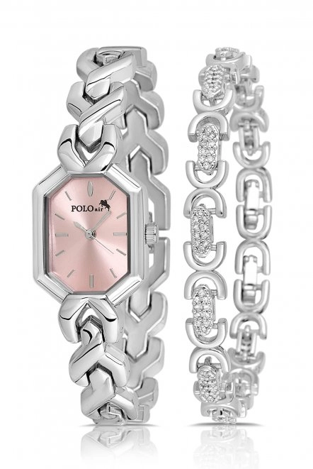 Vintage Kadın Kol Saati Oval Model Bileklik Kombin Gümüş Pembe Renk Pl-1564B5 Pembe - Gümüş Pl-1564B5