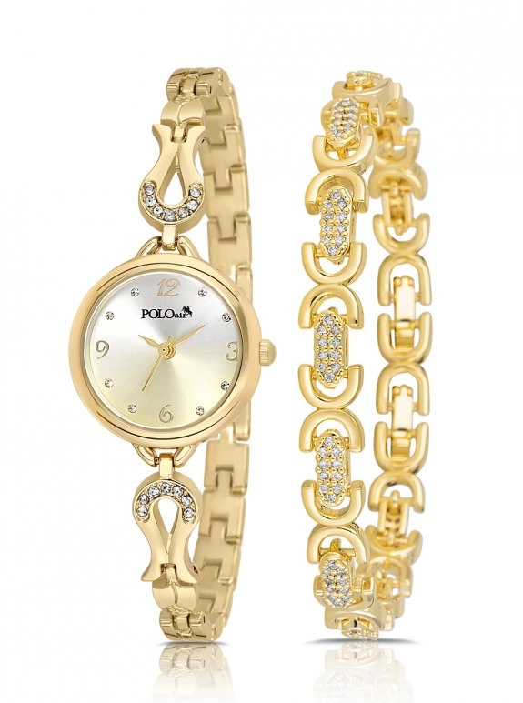 Vintage Kadın Kol Saati Ve Oval Bileklik Kombin Gold Renk Pl-1599B1