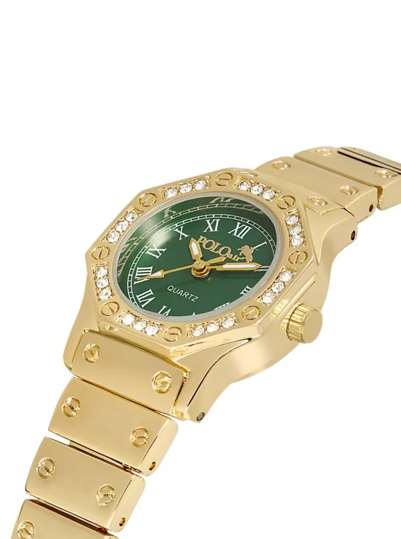 Vintage Kadın Kol Saati Zirkon Taşlı Su Yolu Bileklik Kombin Gold Yeşil Pl-1502B3 Gold-Yeşil Pl-1502B3