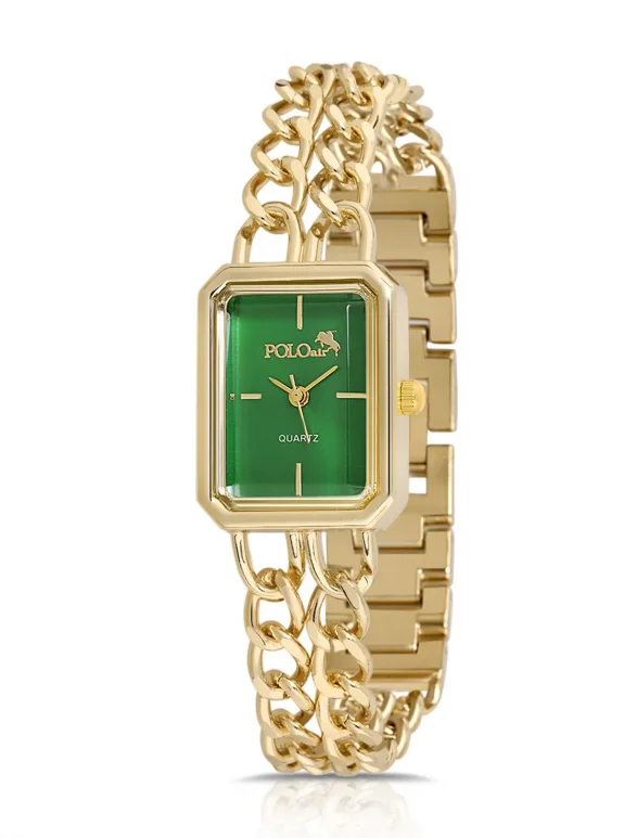 Vintage Zincir Kordon Kadın Kol Saati Zirkon Taşlı Renkli Bileklik Kombin Gold Yeşil Pl-1503B3 Gold-Yeşil Pl-1503B3