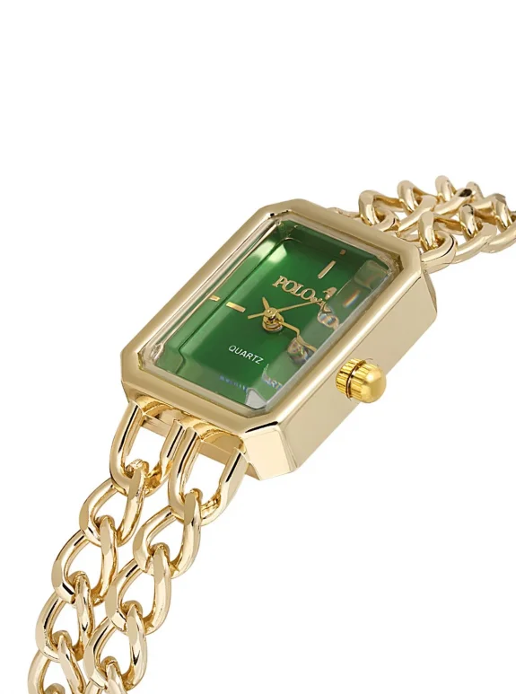 Vintage Zincir Kordon Kadın Kol Saati Zirkon Taşlı Renkli Bileklik Kombin Gold Yeşil Pl-1503B3 Gold-Yeşil Pl-1503B3