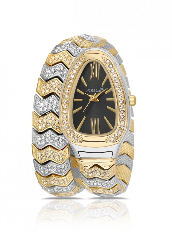 Yılan Model Lüx Taşlı Kadın Kol Saati Gold Gümüş Siyah Renk Pl-1614B3X