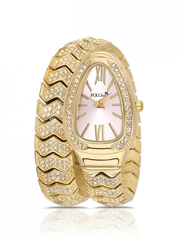 Yılan Model Lüx Taşlı Kadın Kol Saati Gold Pembe Renk Pl-1614B4X