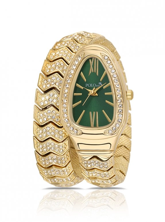 Yılan Model Lüx Taşlı Kadın Kol Saati Gold Yeşil Renk Pl-1614B5X