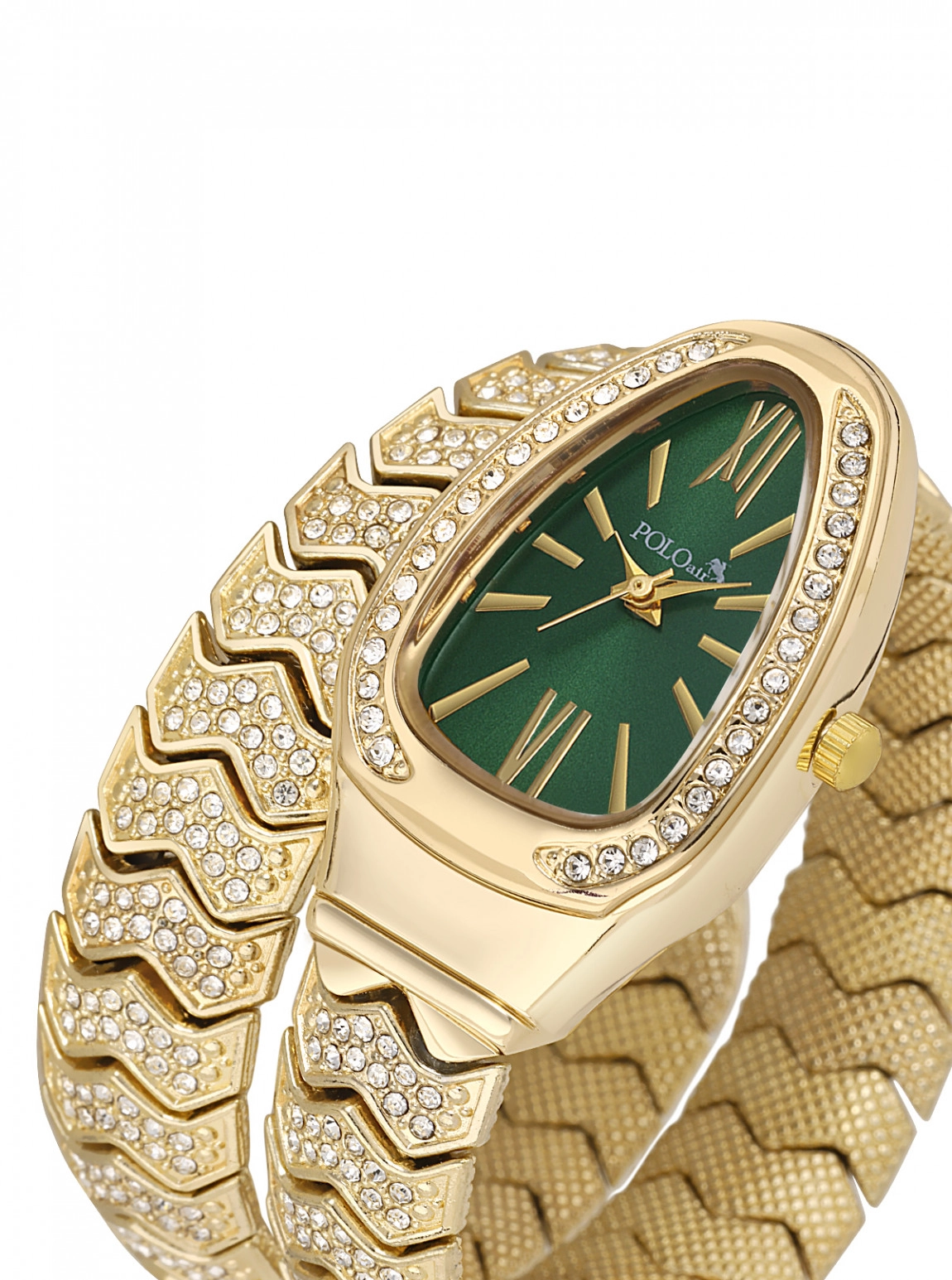 Yılan Model Lüx Taşlı Kadın Kol Saati Gold Yeşil Renk Pl-1614B5X