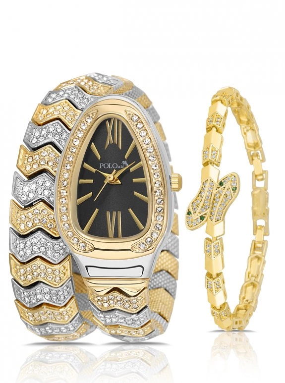 Yılan Model Lüx Taşlı Kadın Kol Saati Ve Yılan Bileklik Kombin Gold Gümüş Siyah Renk Pl-1614B3