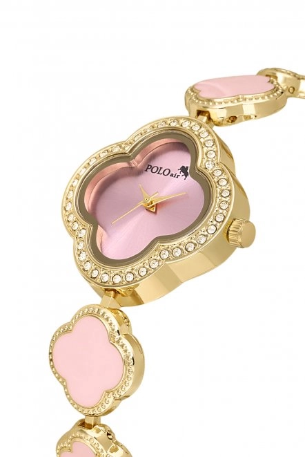 Yonca Desenli Kadın Kol Saati Gold Pembe Renk Pl-1559B3X Pembe-Gold Pl-1559B3X
