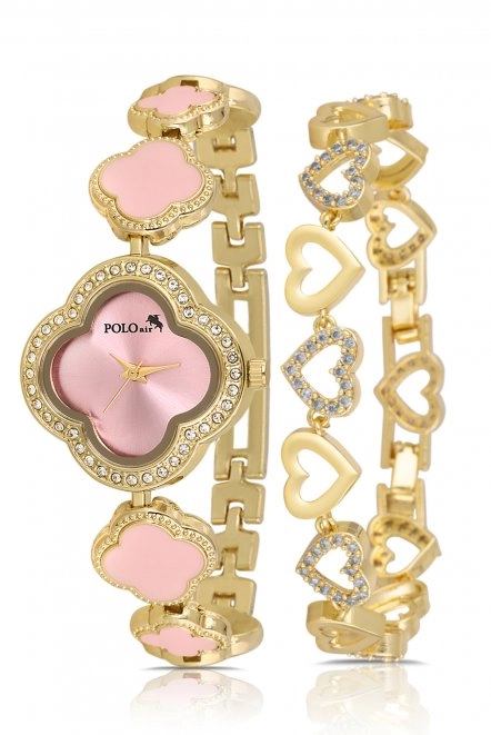 Yonca Desenli Kadın Kol Saati Kalp Bileklik Kombin Gold Pembe Renk Pl-1559B3 Pembe  - Altın Pl-1559B3